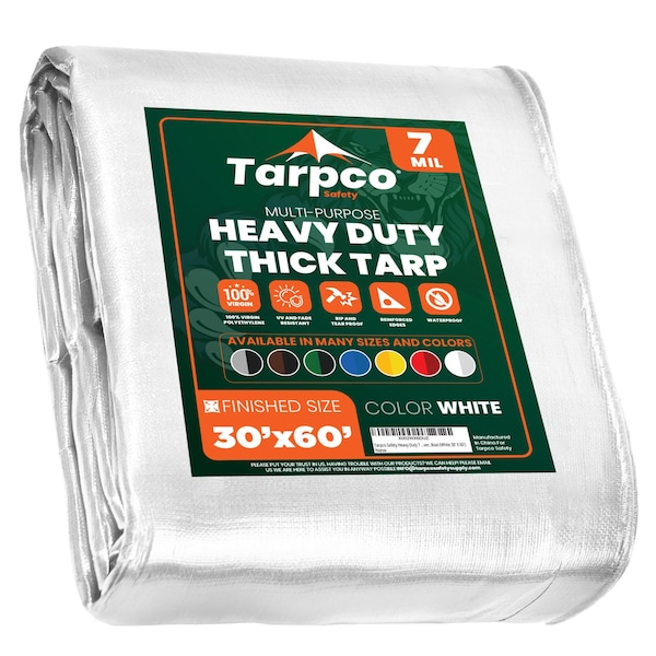 Tarpco Safety Heavy Duty Tarp, 60 ft L x 0.5 mm H x 30 ft W, 7 Mil, White, Polyethylene TS-204-30X60 - main